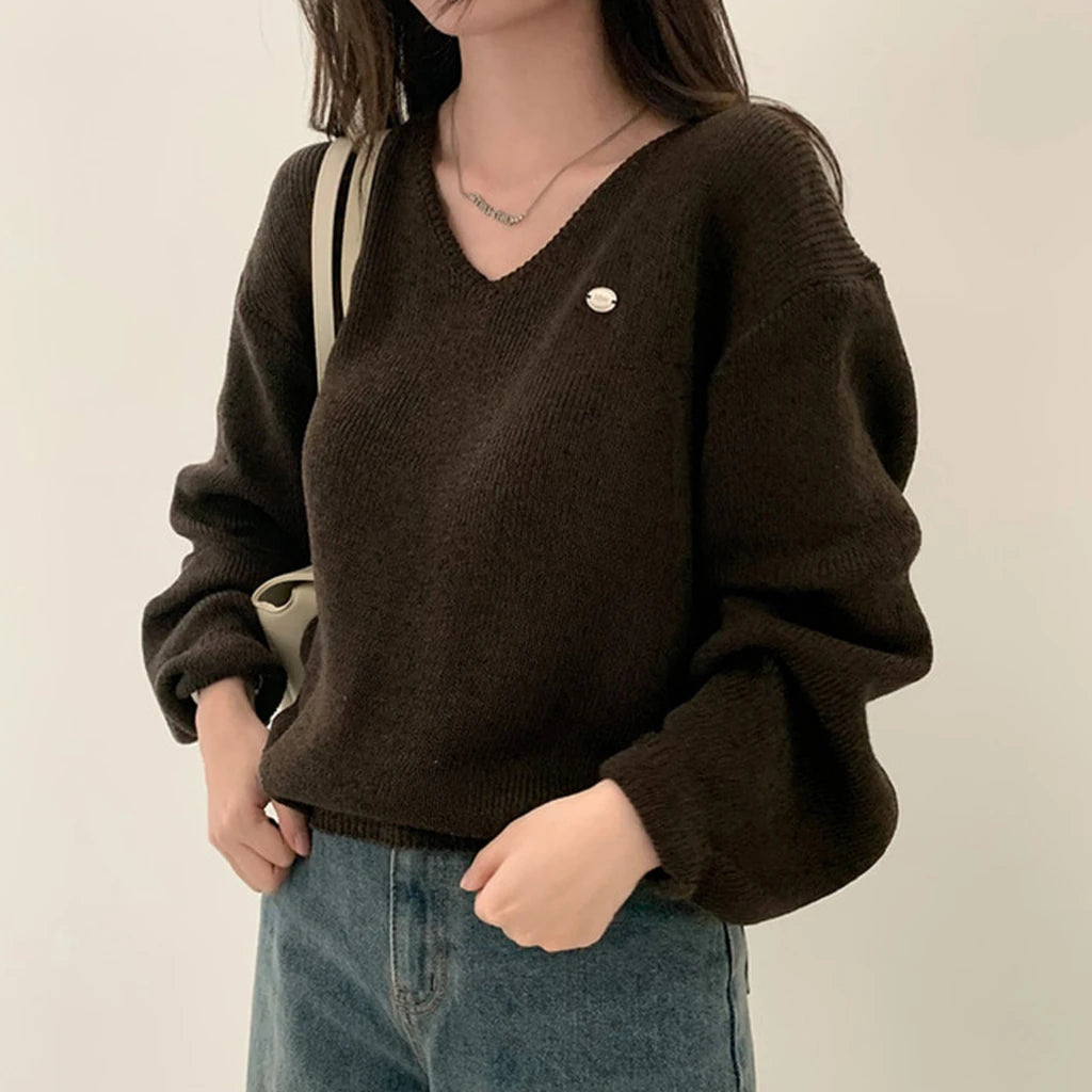 Loose Women’s Knitwear V-Neck Long Sleeve T-Shirt – Casual Comfortable Fashionable Autumn Top New Arrival