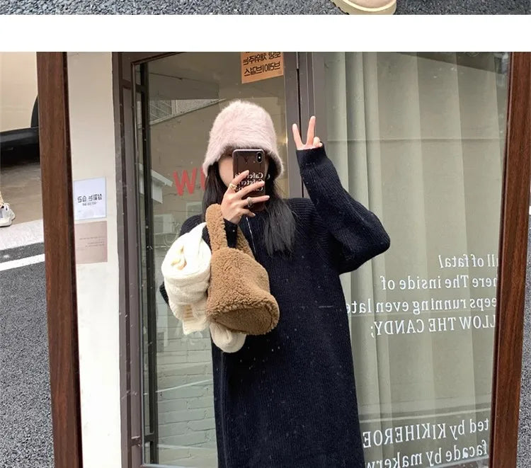 Autumn Winter Knitted Zipper Collar Dress for Women – Long Sleeve Loose Fit Pure Color H-Shape Casual Warm Dress