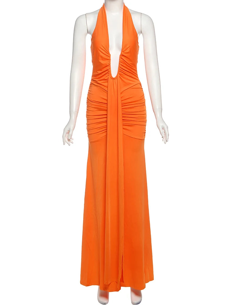 Weird Puss Backless Tassel Dress for Women – Peach Buttock Pleated Halter Sleeveless Party Vestido | Midnight Clubwear