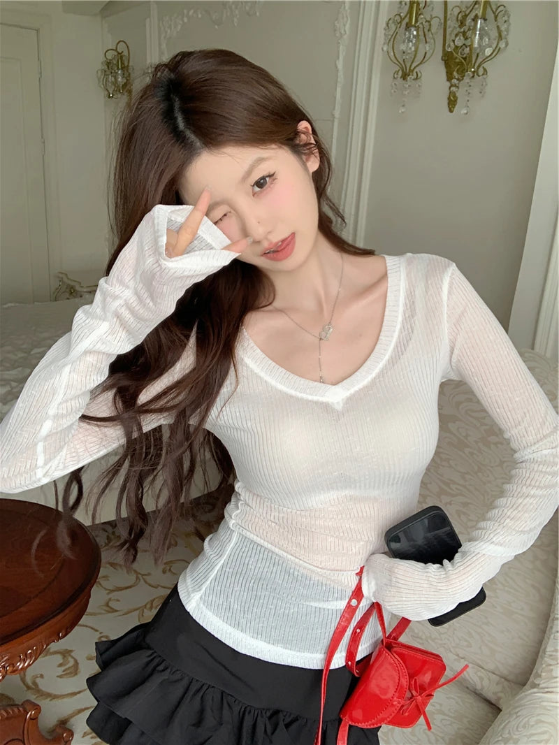 Slim Fit V-Neck Transparent Knitted Top for Women | Autumn 2024 Elegant Long Sleeve Thin Sweater | Classic Commuter Style