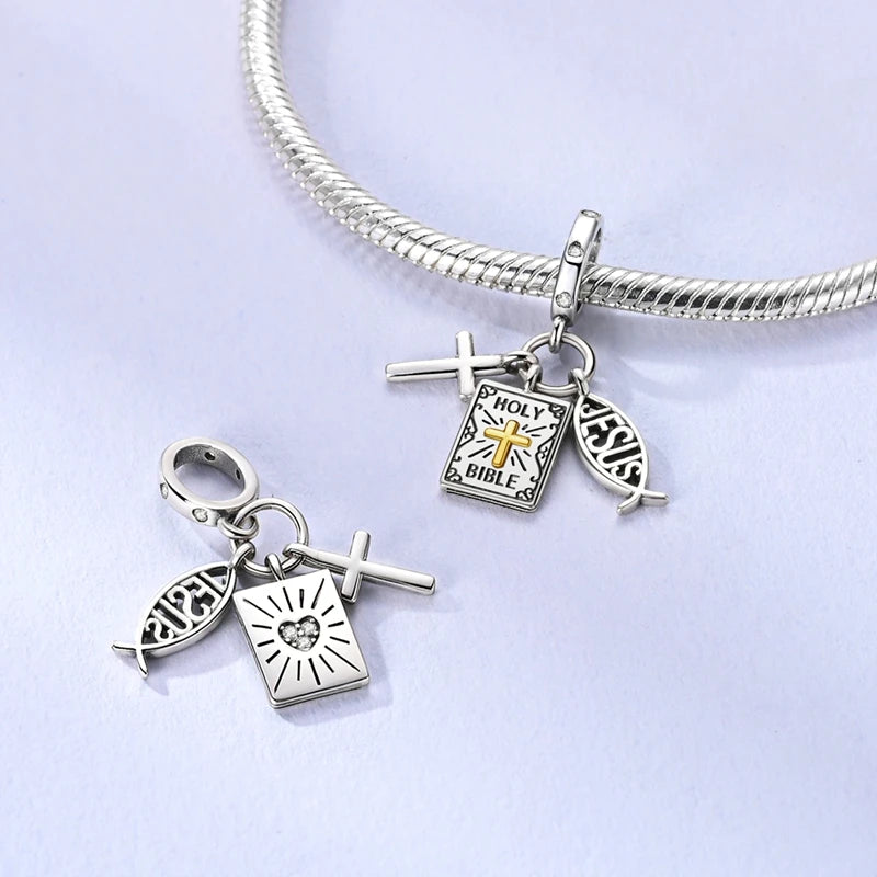 Religious Jesus Cross Pendant | 925 Sterling Silver Bible Scriptures Charm for Women DIY Bracelets