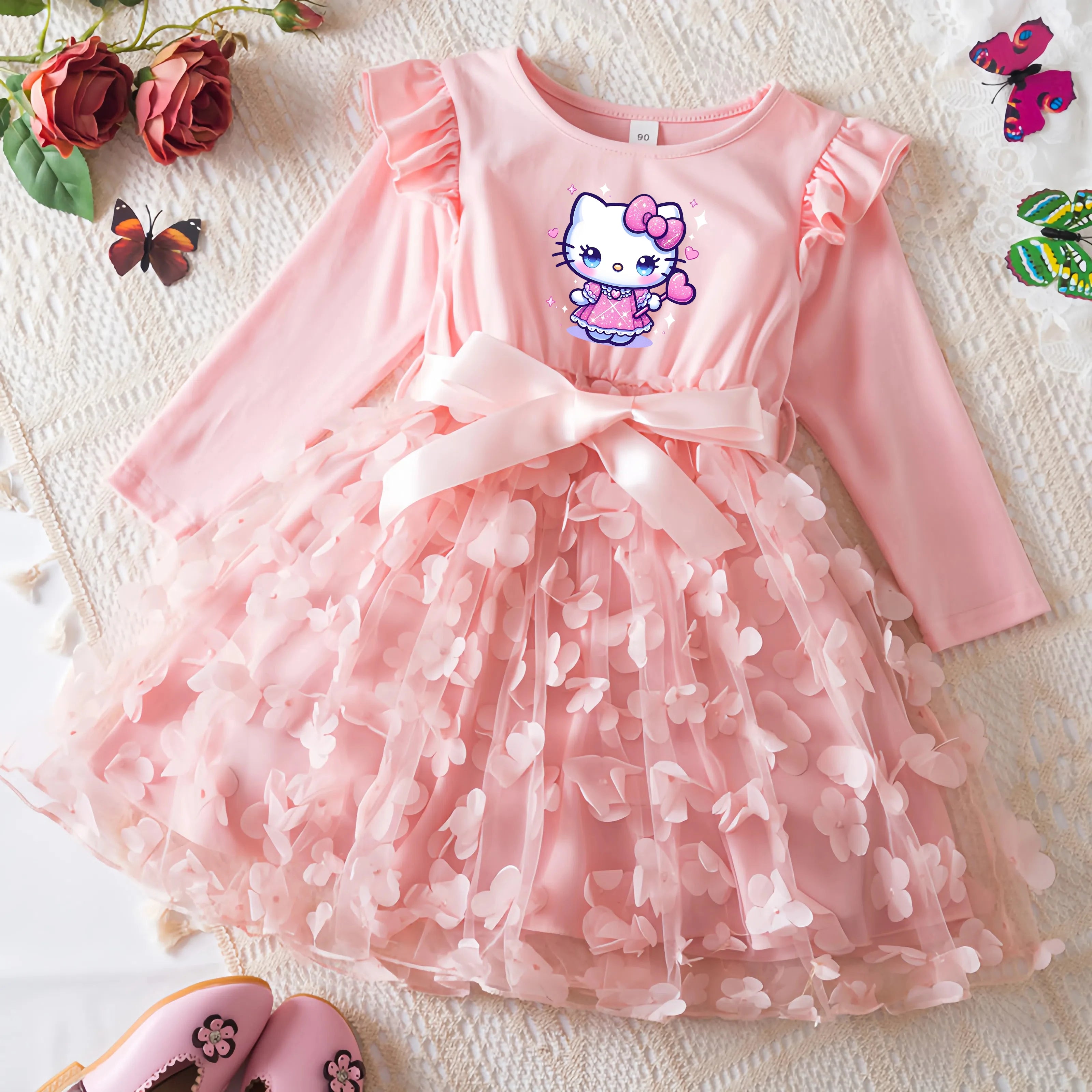 Hello Kitty Fall Girl Dress 3D Butterfly Casual Dresses Kids Birthday Princess Dress Long Sleeve Baby Girls Clothes 2-6Y