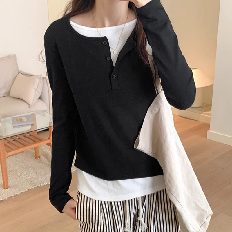 Slimming Effect Pure Cotton Long Sleeve Top – Women’s Loose Fashionable Base Shirt Spring Autumn 2025