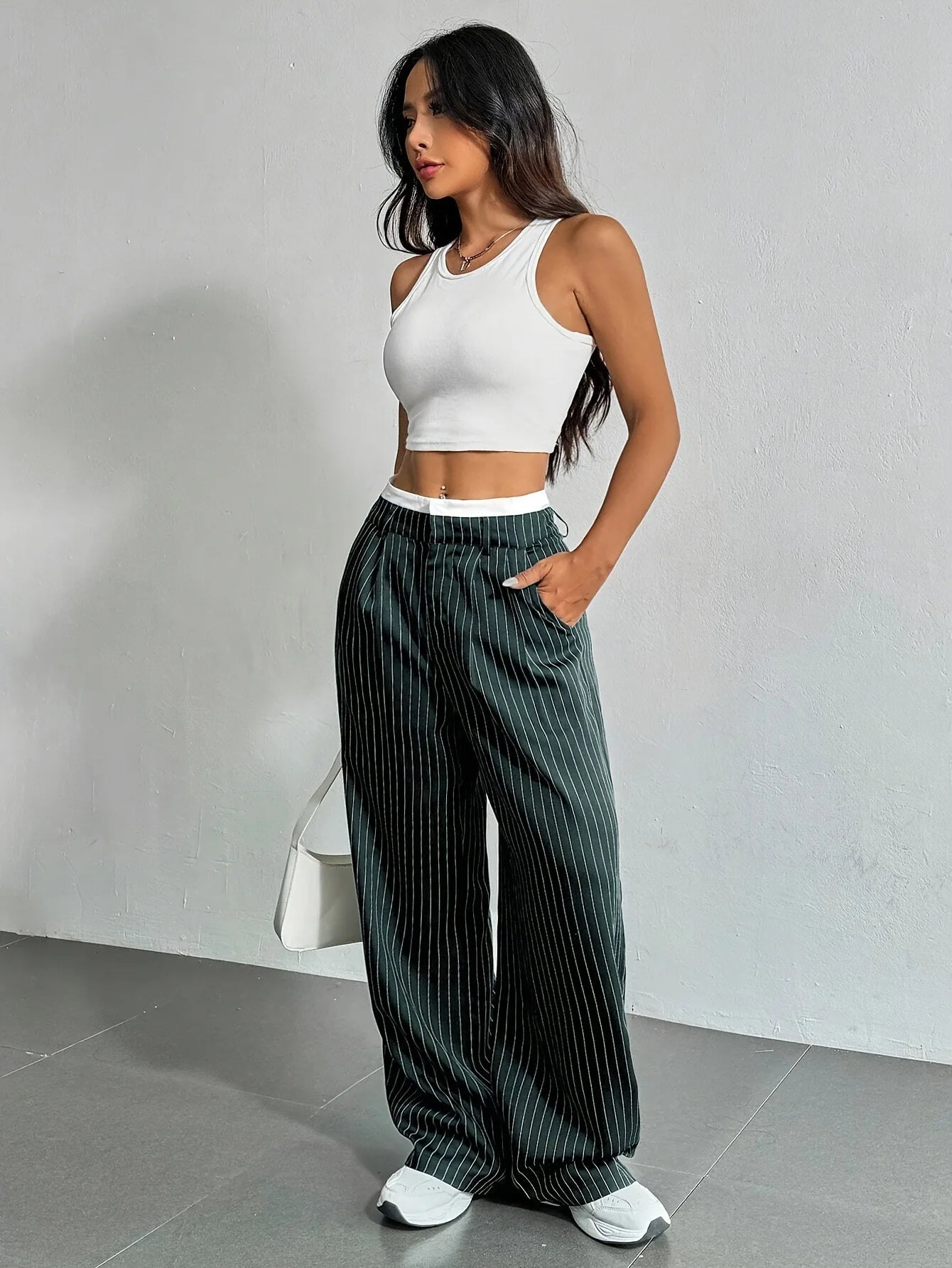 Women’s High Waist Straight Leg Pinstripe Trousers | Office & Casual Striped Dress Pants with Pockets