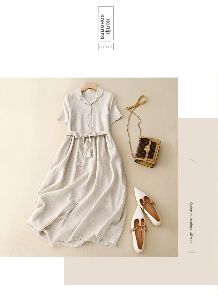 Pure Linen Shirt Dress – Women's Summer Lightweight Breathable Long Dress, Loose Plus Size with Slimming Belt
