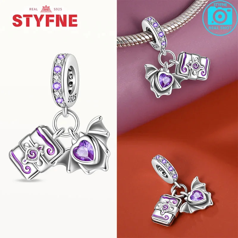 925 Sterling Silver Purple Flying Witch Hat & Magic Book Charm – Fits Original Bracelet DIY Halloween Jewelry Gift for Women