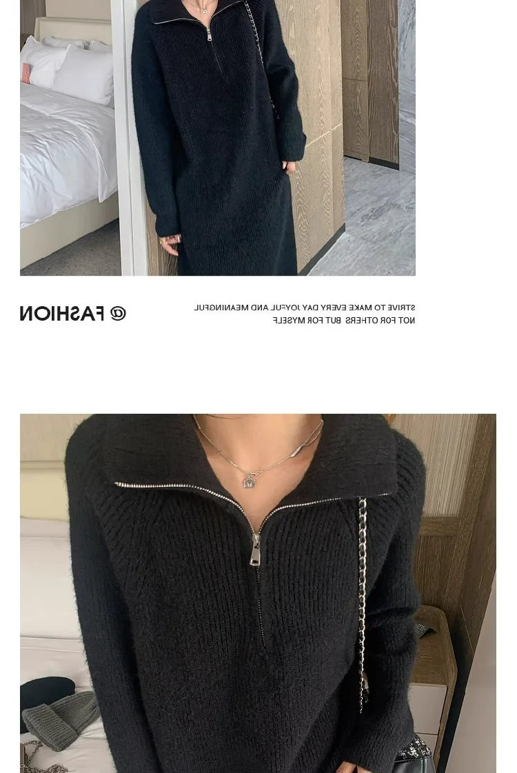 2025 Spring Autumn Knitted Midi Dress for Women | Long Sleeve Loose Fit Base Layer Straight Cut Polyester Dress