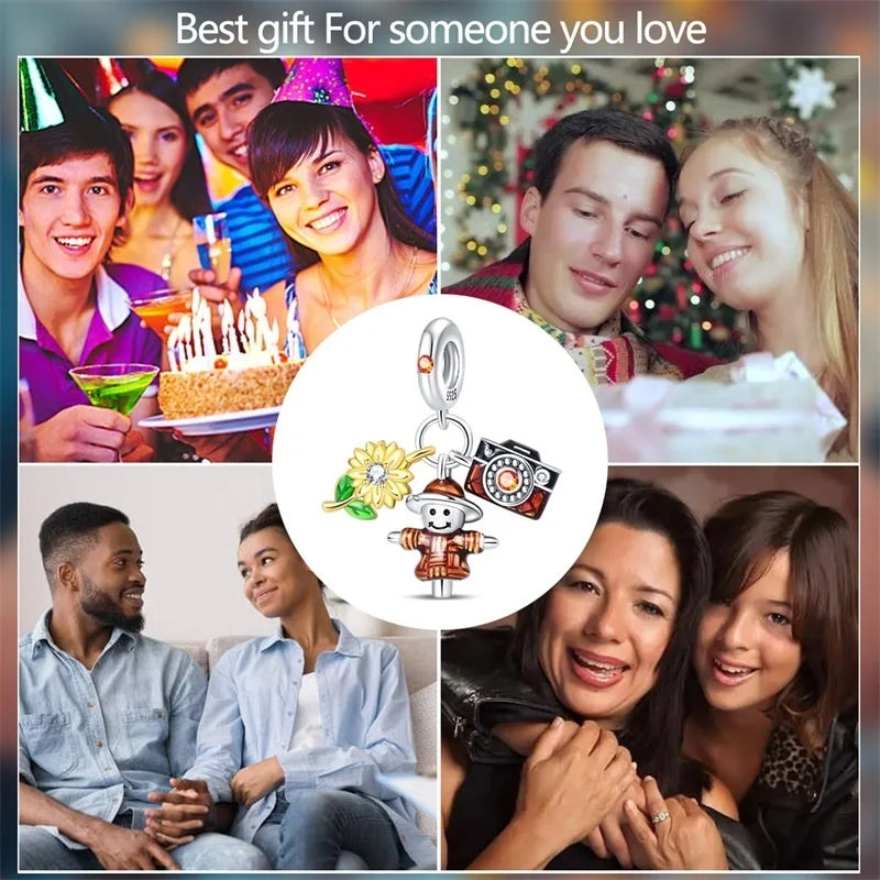 925 Sterling Silver Squirrel & Maple Leaf Charm | Shiny Zircon Autumn Beads Fit Pandora Bracelet DIY Jewelry