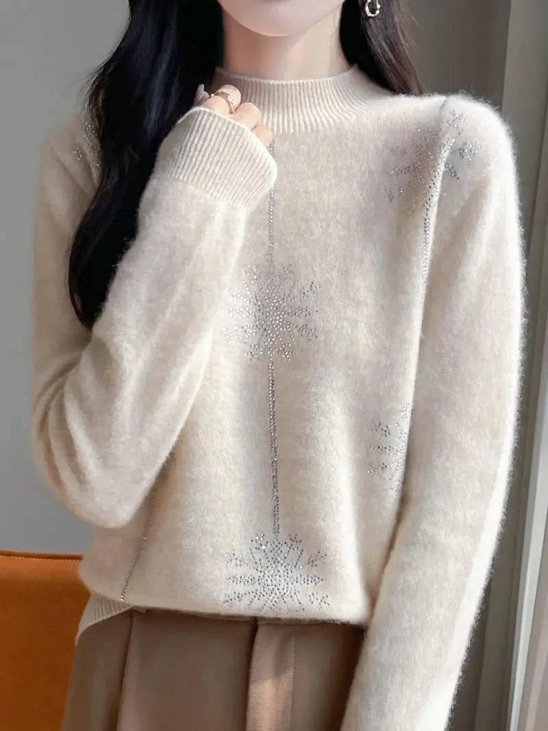 Women Christmas Sweater – Mock Neck Long Sleeve Thick Warm Pullover | Autumn Winter Knitted Loose Jumper Red