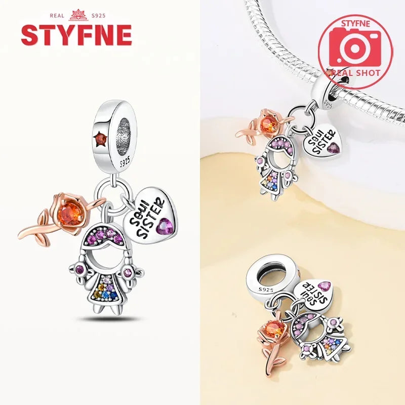 S925 Silver Forever Love Family Sister Heart Charm – Fit Original Bracelet DIY Jewelry Gift for Women & Friends