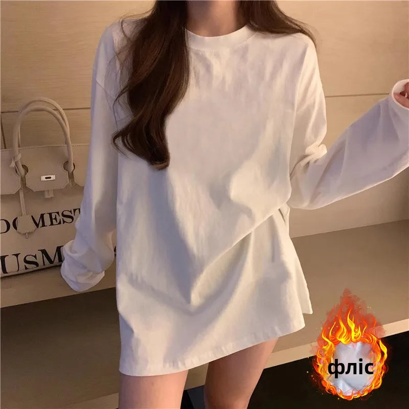 Women’s Long Sleeve Cotton T-Shirt | Fleece-Lined White Base Layer | Loose Fit Autumn Inner Wear