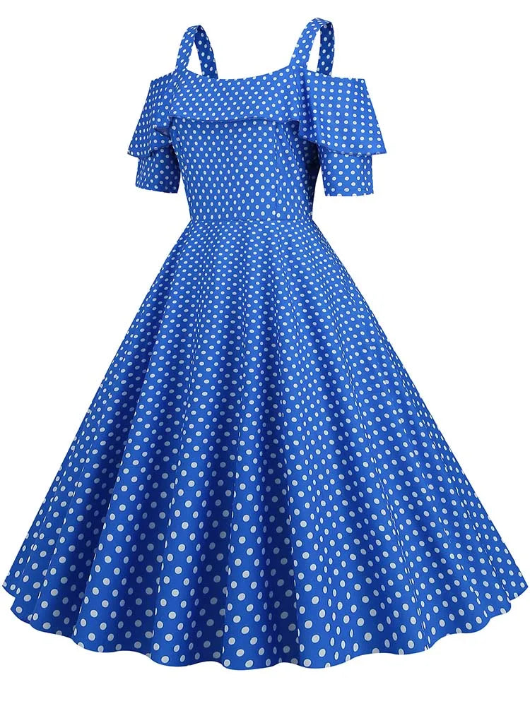 Off-Shoulder Elegant Vintage Party Dress – Women’s Summer Polka Dot Ruffles A-Line Midi Dress