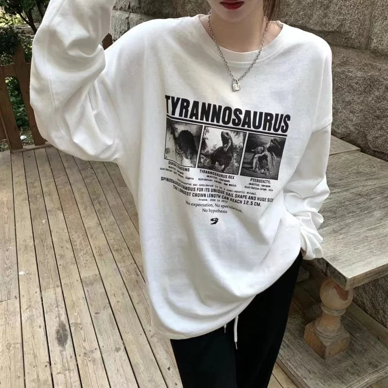 Retro Letter Print White Long Sleeve T-Shirt – Korean Style Base Layer Women’s Cotton Autumn Top