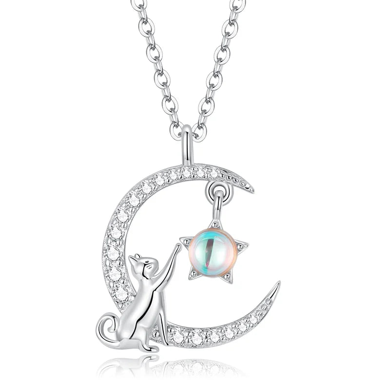WOSTU 925 Sterling Silver Cat & Rabbit Moon Necklace | Star Zircon Pendant for Women Fine Jewelry Gift