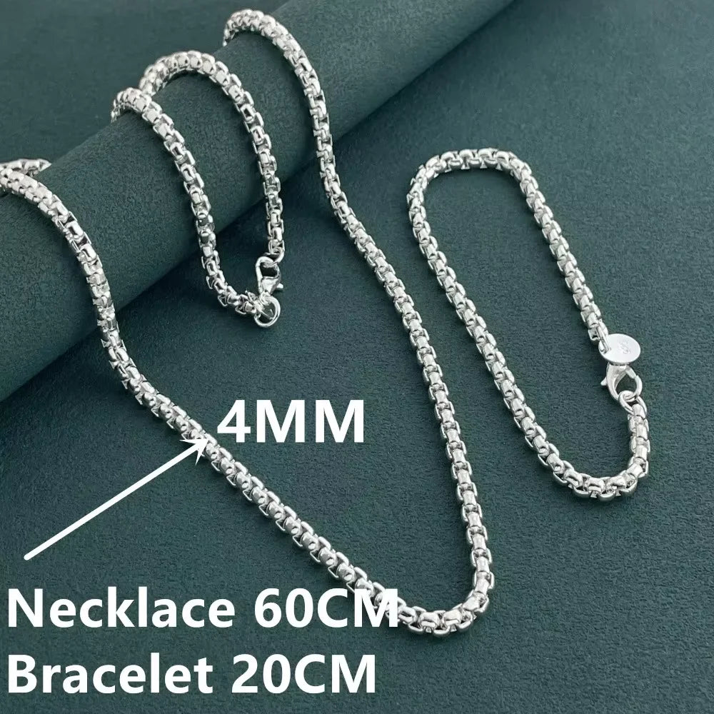 925 Sterling Silver 4mm Round Box Chain Bracelet & Necklace Set – Unisex Daily Wear Fashion Jewelry for Men & Women