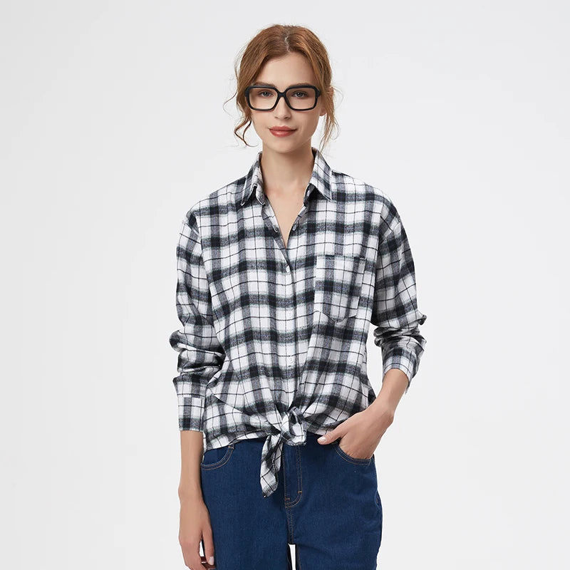 Fresh Flannel Plaid Shirt for Women | 2025 Loose Cotton Long Sleeve Casual Blouse & Top