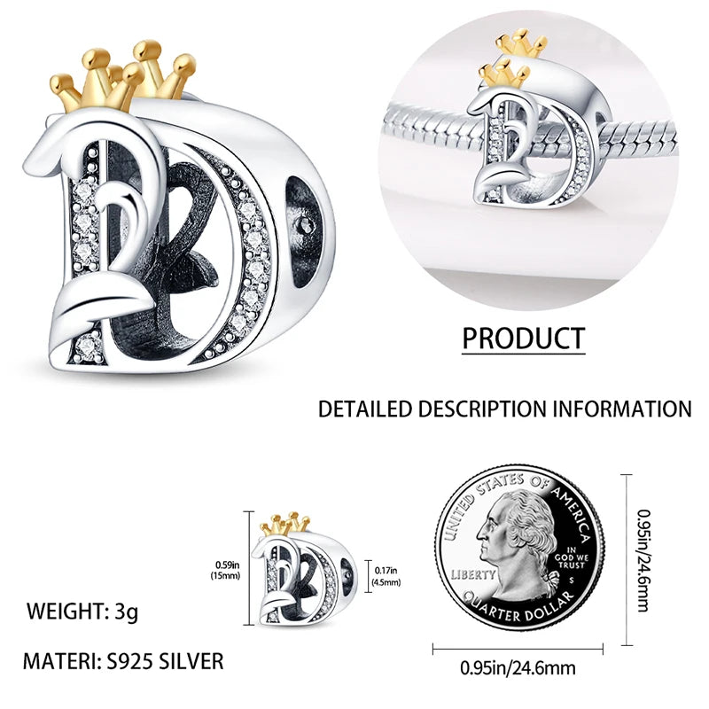 925 Sterling Silver Alphabet Letter A–Z Charm Beads | English Initial Pendant for Original Bracelet DIY Jewelry Making