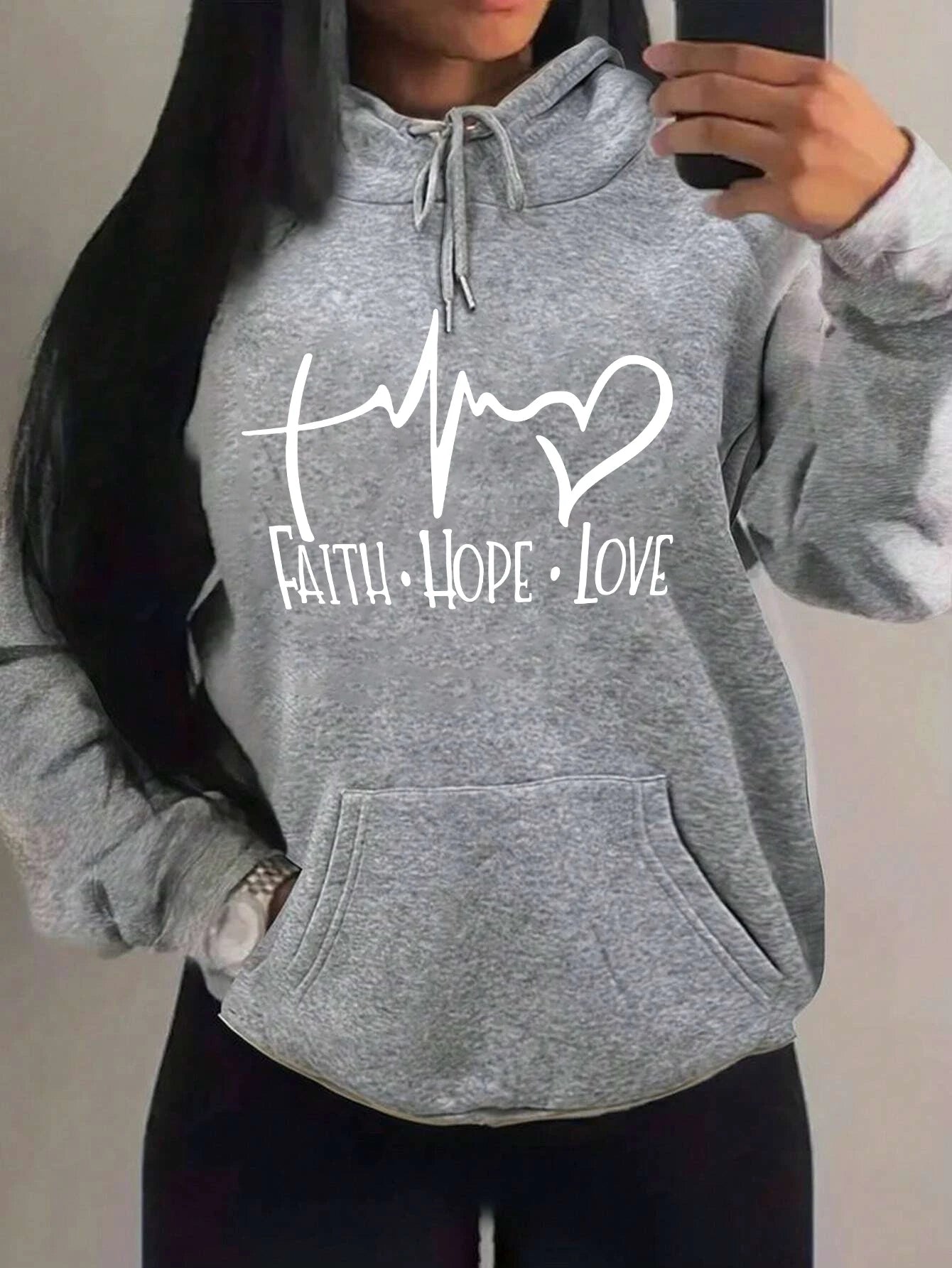 Faith Hope Love Letter Graphic Women’s Hoodie – Casual Loose Streetwear Fleece Pullover Autumn Top