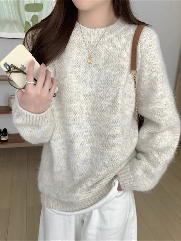 Women’s Round Neck Long Sleeve Knitted Sweater – Loose Fit Comfortable Autumn Winter Casual Inner Wear Top