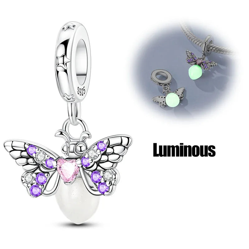 100% 925 Sterling Silver Teddy Bear, Kitten, Puppy & Elephant Luminous Firefly Charms | Sweet Beads Fit Pandora Bracelet Fine Jewelry