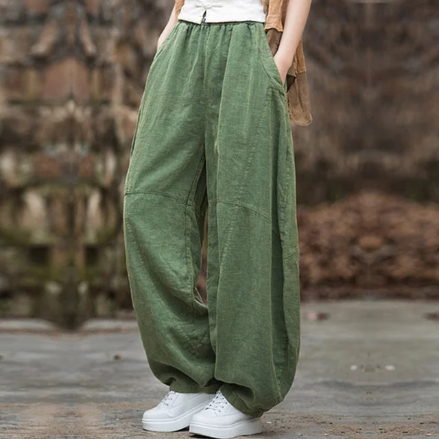 Elegant Women’s Cotton Linen Baggy Cargo Pants – Vintage Elastic Waist Wide-Leg Casual Trousers