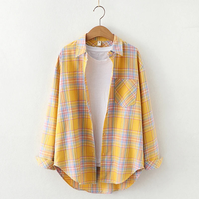 Fresh Flannel Plaid Shirt for Women | 2025 Loose Cotton Long Sleeve Casual Blouse & Top