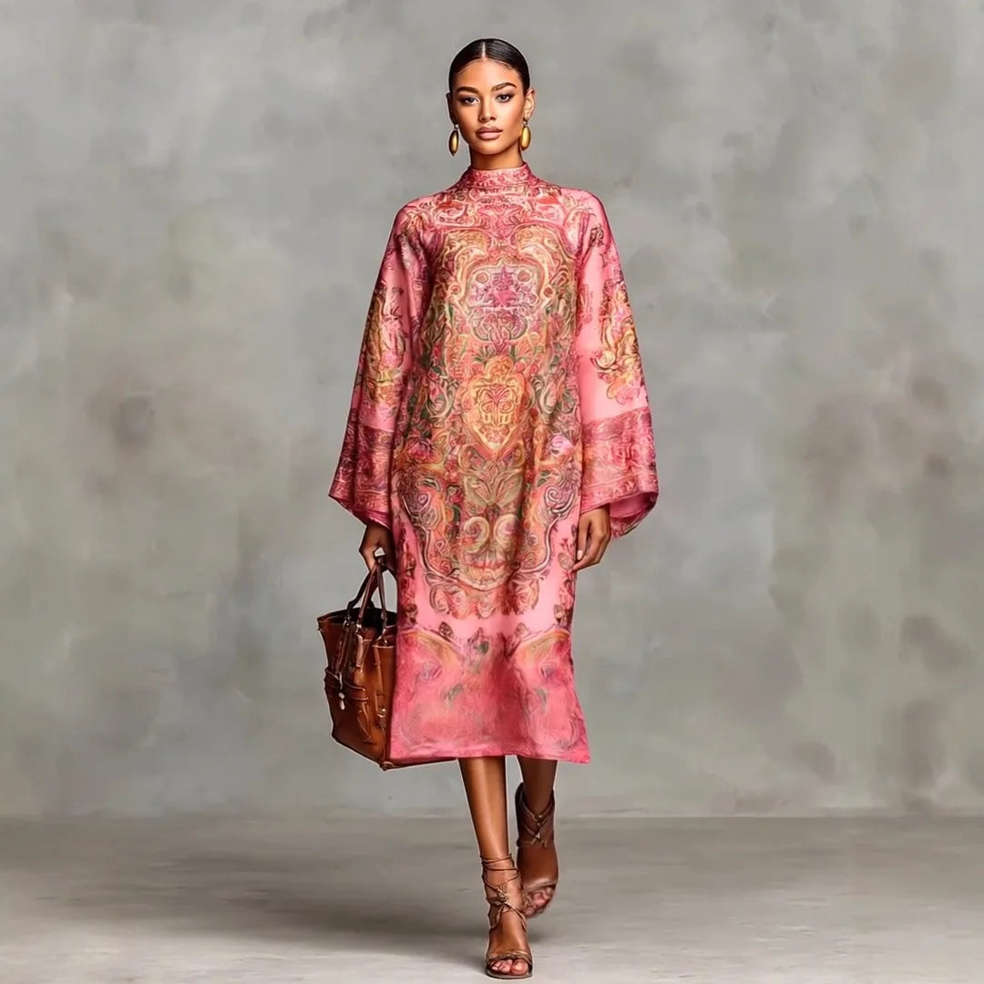 Fashion Print Long Dress for Women – 2025 Autumn Long Sleeve Loose Half High Collar Maxi Dress | Elegant Robe Femme