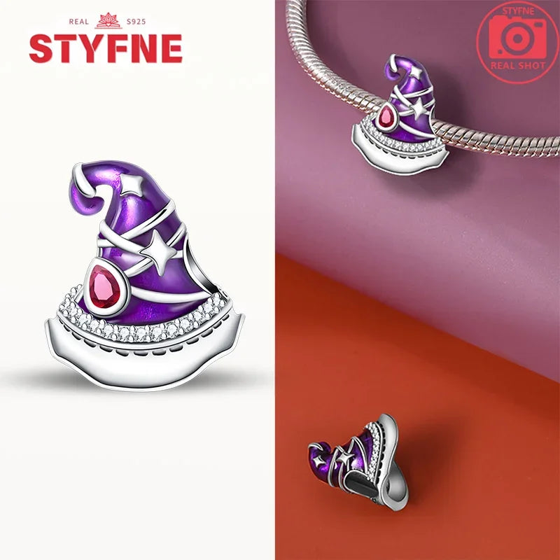 925 Sterling Silver Purple Flying Witch Hat & Magic Book Charm – Fits Original Bracelet DIY Halloween Jewelry Gift for Women