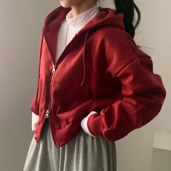 Chic Early Autumn Casual Long Sleeve Hoodie – Double Zipper Loose Versatile Cotton Pullover | Pure Color Commute Wear