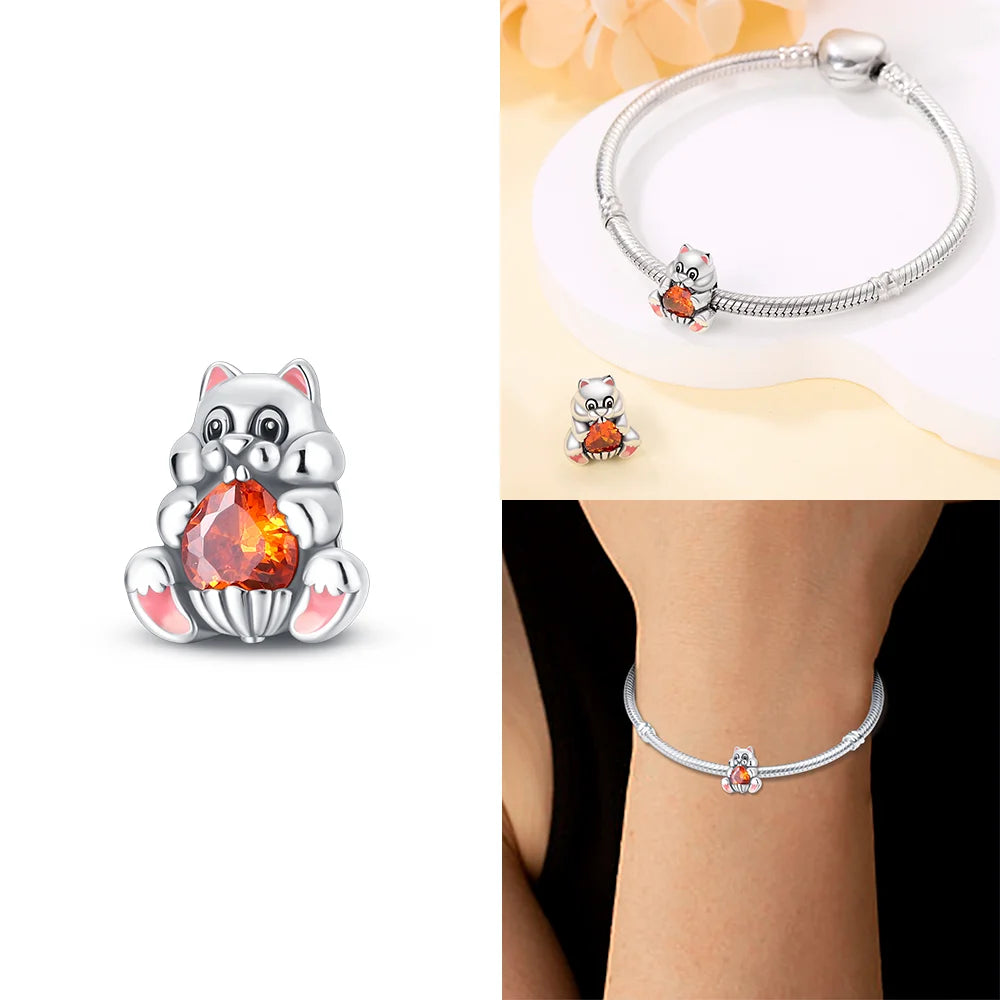 Original 925 Sterling Silver Pink Zircon Cat Dog Squirrel Red Heart Bead | Fit Bracelet Women DIY Jewelry Gift