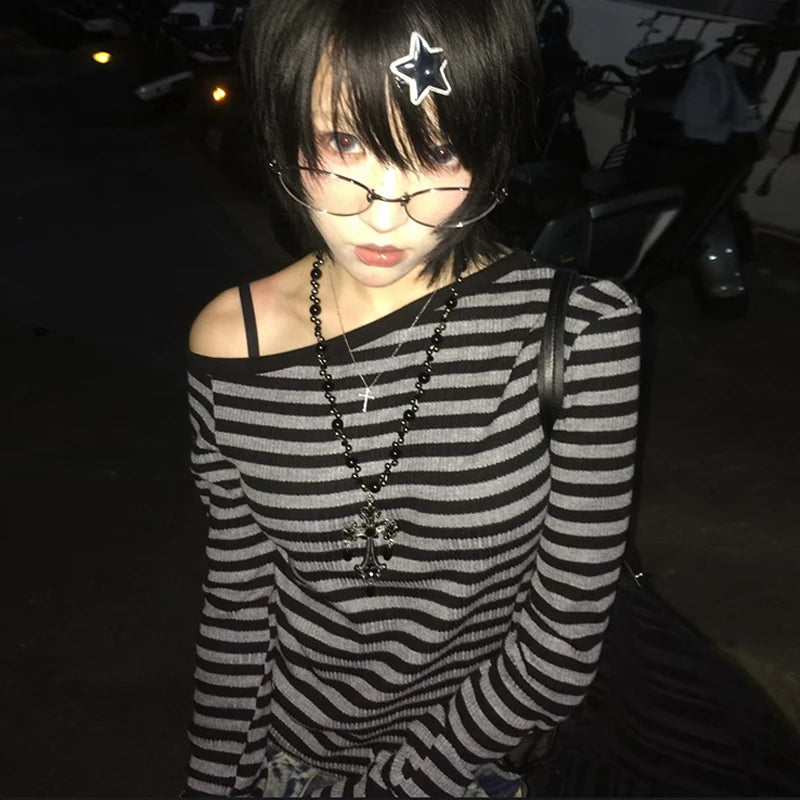 Genayooa Japanese Y2K Off Shoulder Striped Crop Top | Women's Long Sleeve Grunge Streetwear T-Shirt