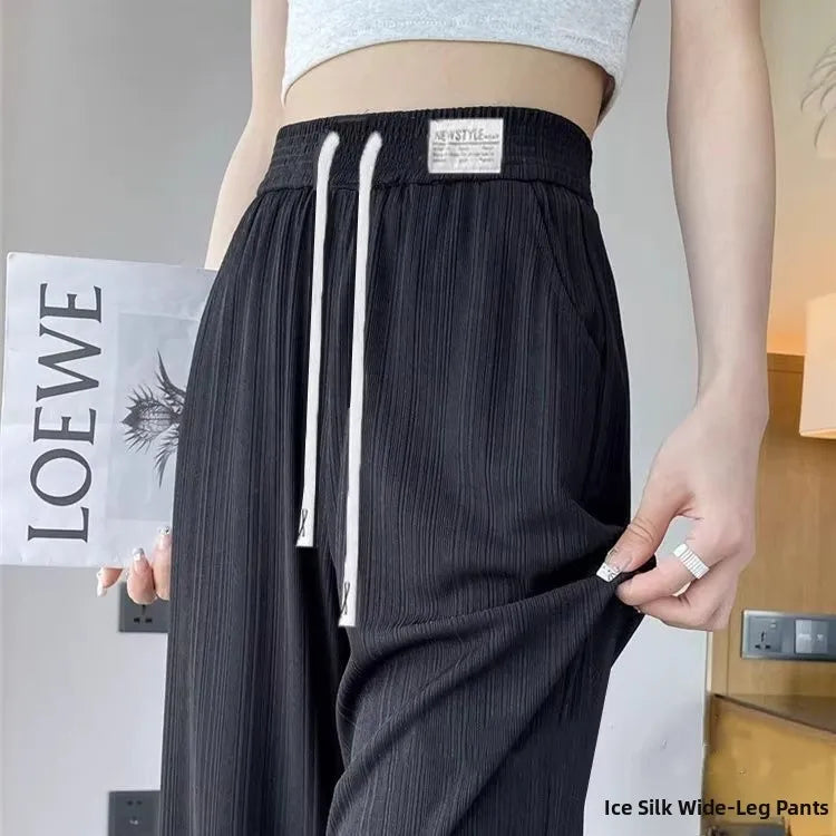 New 2025 Women’s Ice Silk Wide Leg Pants – High Waist Loose Thin Straight Casual Korean Trousers