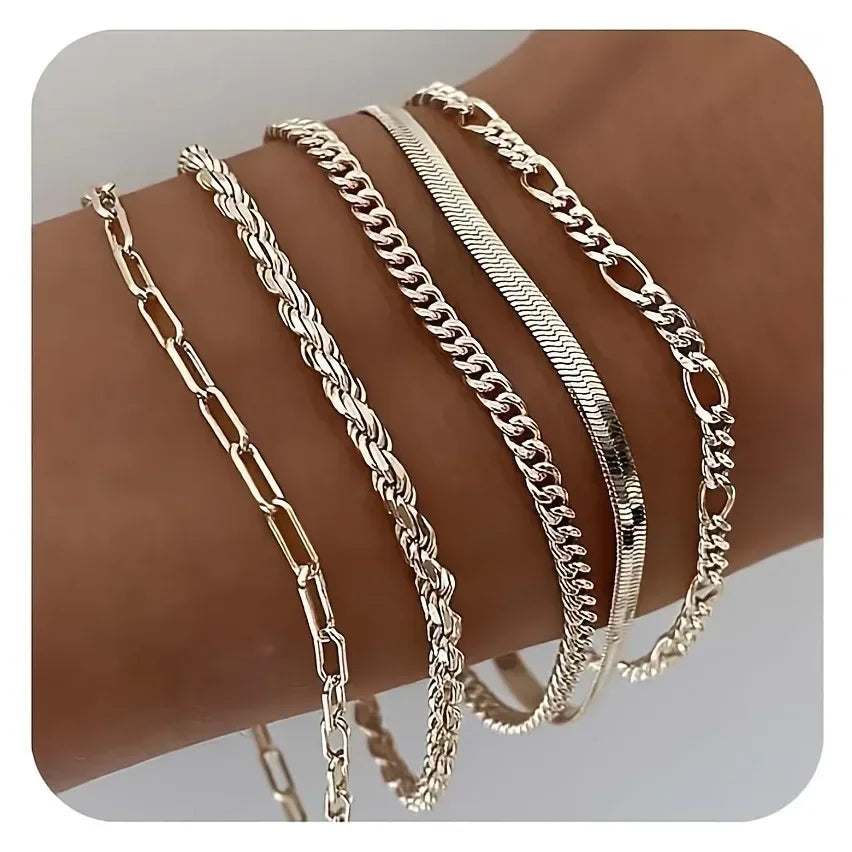 Vintage Punk 925 Sterling Silver & Gold Plated Bracelet Set – Cuban & Paper Clip Chains for Women