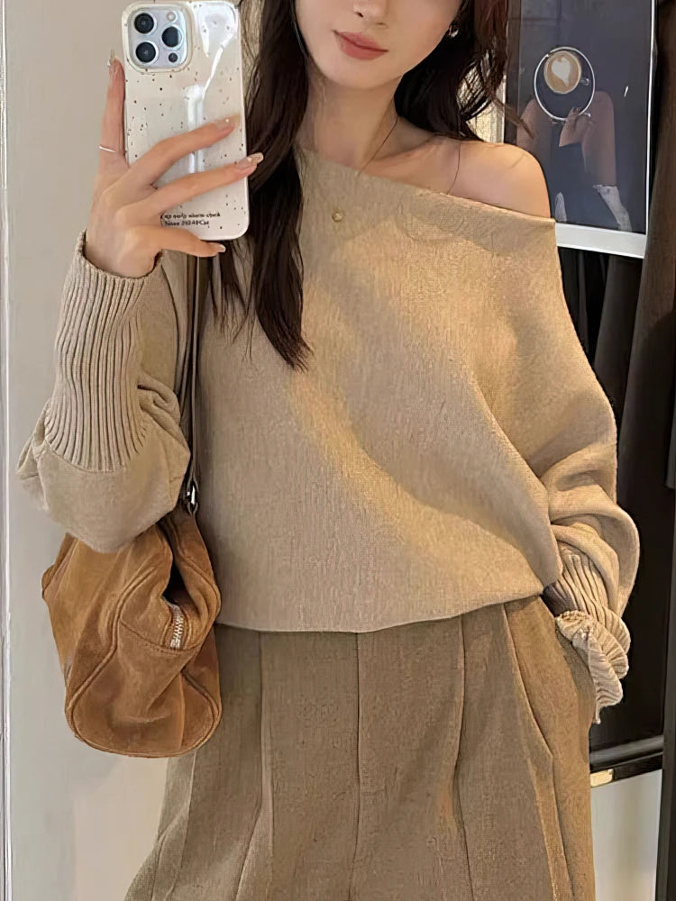 Batwing Long Sleeve Knitted Pullover for Women – Thick Off-Shoulder Korean Fashion Sweater