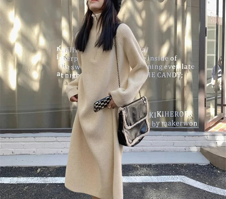 Autumn Winter Knitted Zipper Collar Dress for Women – Long Sleeve Loose Fit Pure Color H-Shape Casual Warm Dress