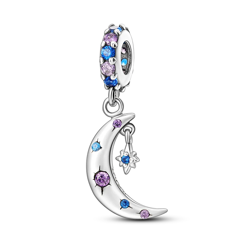 Silver Plated Colorful Glowing Moon & Stars Rainbow Dangle Charms | Fit Original Bracelet & Necklace | Women’s Jewelry Beads