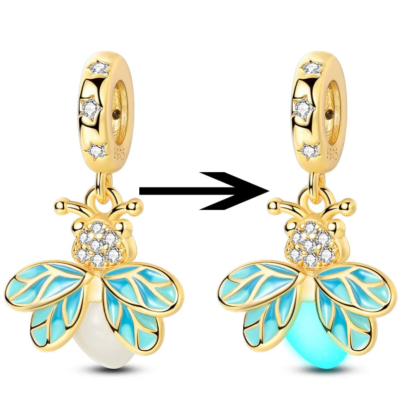 925 Sterling Silver Luminous Golden Firefly Charms | Sparkling Bee & Cat Dangle Beads Fit Original Bracelet DIY Jewelry Gift