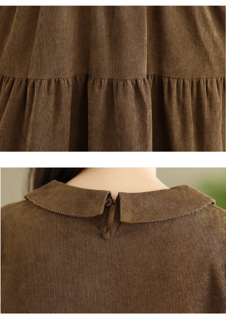 Corduroy Long Sleeve Doll Collar Dress 👗 Autumn Winter Loose A-Line Casual Midi Dress 🍂 Simple Chic Commute Dress