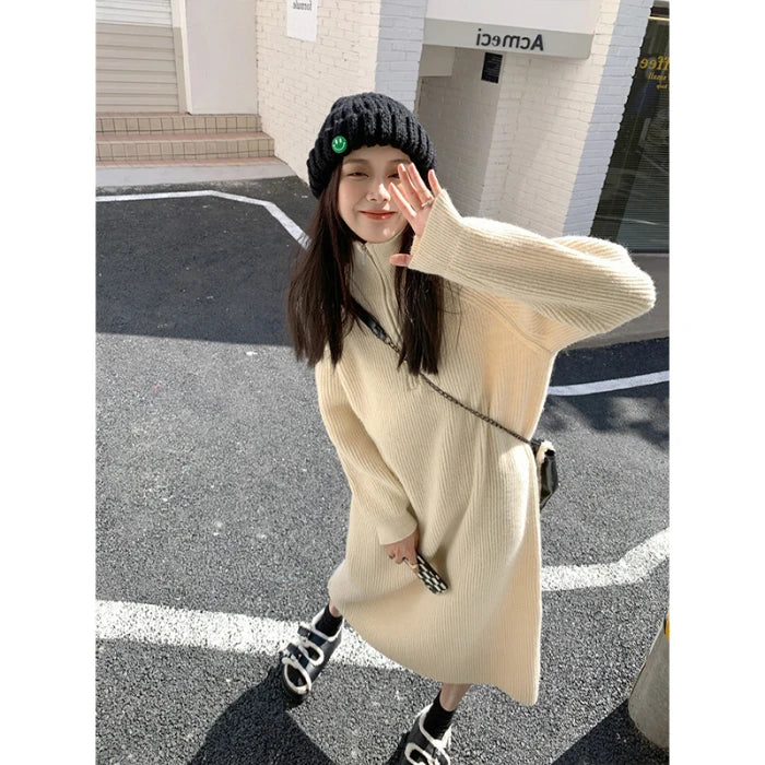 Autumn Winter Knitted Zipper Collar Dress for Women – Long Sleeve Loose Fit Pure Color H-Shape Casual Warm Dress