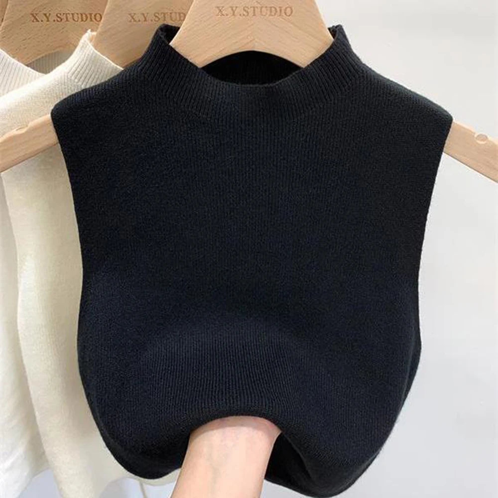 Women’s Knitted Vest Tank Top | Solid Color Cropped Camisole Sweater | Half-Turtleneck Sleeveless Spring Autumn Top