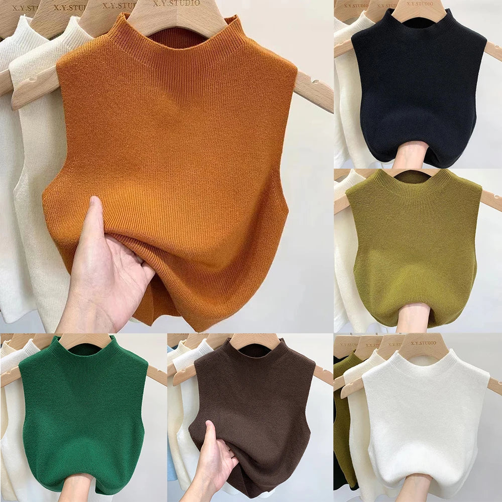 Women’s Knitted Vest Tank Top | Solid Color Cropped Camisole Sweater | Half-Turtleneck Sleeveless Spring Autumn Top