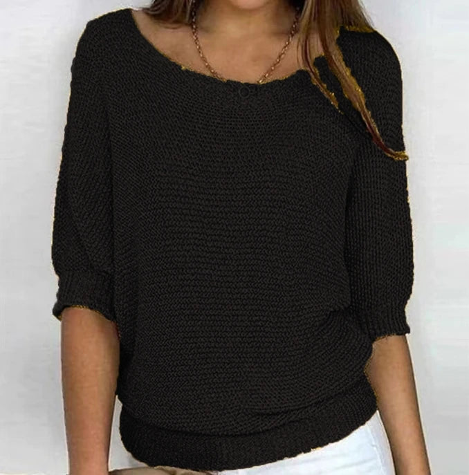 Women's Solid Color Knitted Sweater Pullover | Elegant Winter Round Neck 3/4 Sleeve Top