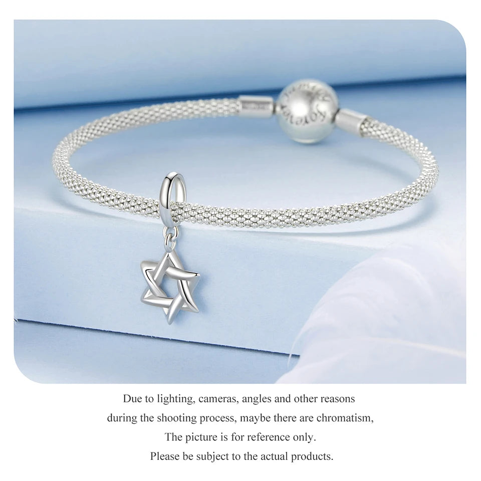 BAMOER 925 Sterling Silver Star of David Pendant | Polished Hexagram CZ Bead | Fits Original Bracelet DIY Jewelry Accessories