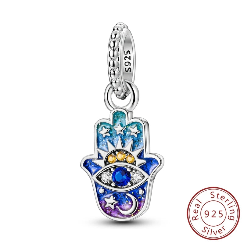 Blue 925 Sterling Silver Rotating Evil Eye Palm Moon Starry Sky Charms | Fit Original Bracelet Pendant Women Jewelry