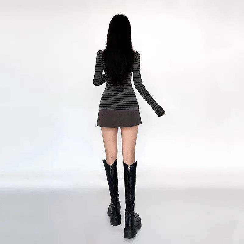 Y2K Grunge Emo Vintage Striped Off Shoulder Long Sleeve Top for Women – Black Grey Retro Goth Tee