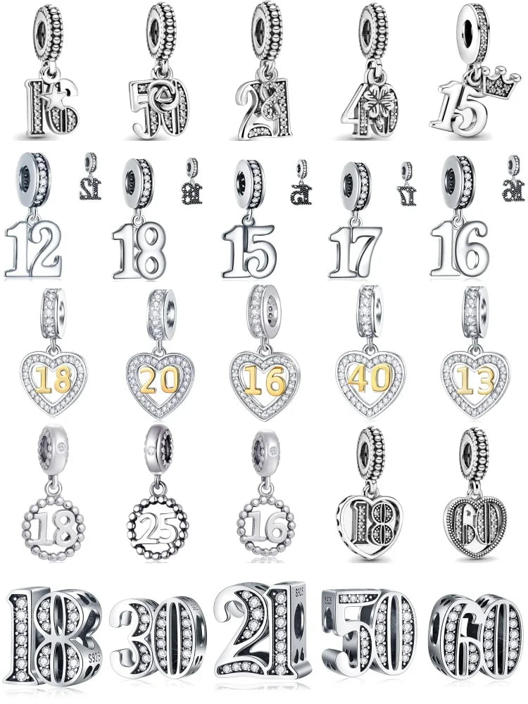 925 Silver Lucky Number Charms 16, 18, 21, 40 – Anniversary & Birthday DIY Bracelet Beads