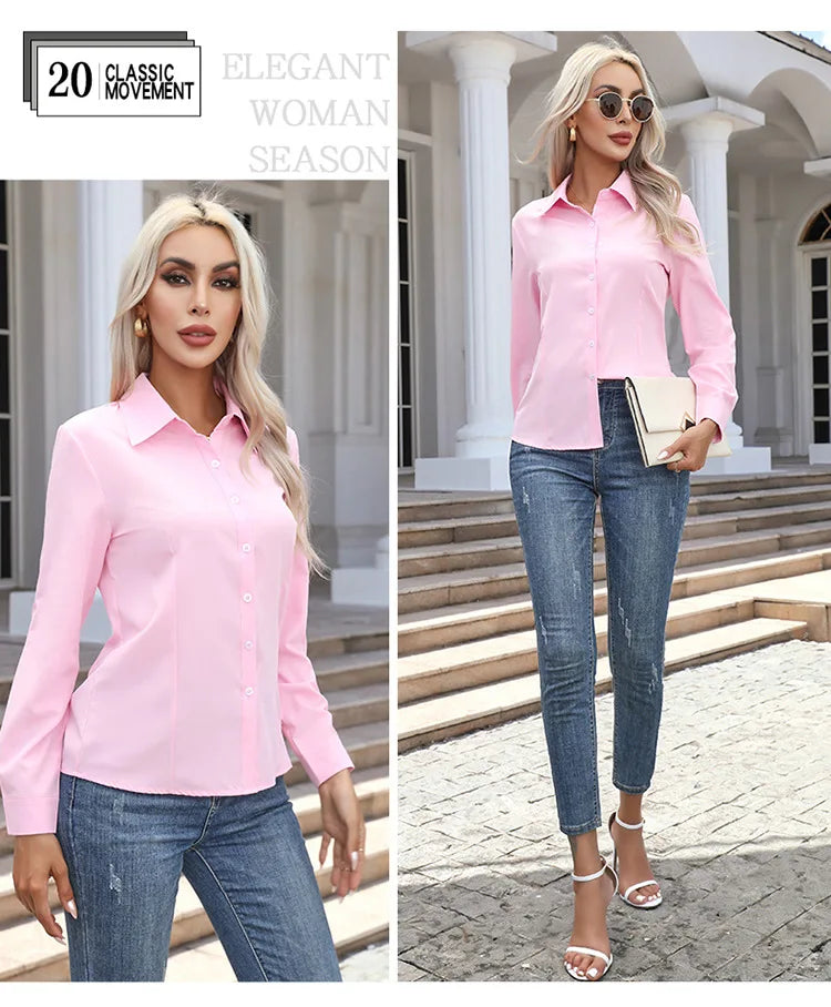 Women’s Solid Color Long Sleeve Shirt – Spring Autumn Casual Turn-Down Collar Loose Top