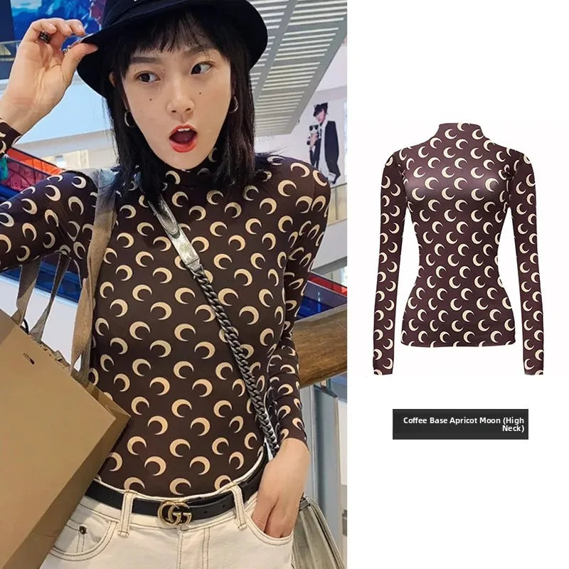 American Retro Women’s Two-Piece Set – Ice Silk Top & Pants with Moon Print Long Sleeve 🌙✨
