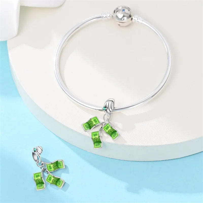 925 Sterling Silver Dollar Money Bag Charms | Wealth Freedom Rich Pendant Beads Fit Original Bracelet DIY Jewelry