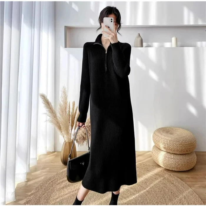 Autumn Winter High Collar Knitted Dress for Women – Loose Fit Long Sleeve Straight Tube Casual Warm Outfit